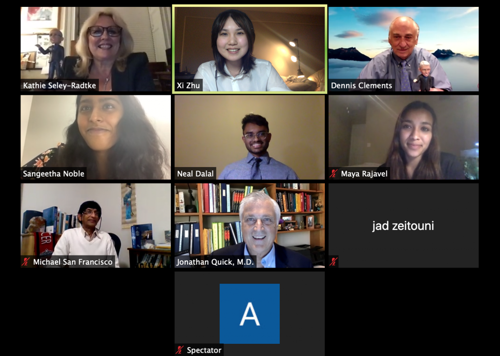 Grid of speakers and student participants in a virtual AMWHO public health conference video call.