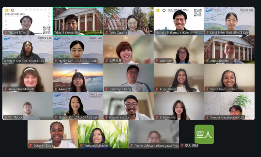 Screenshot of a virtual meeting displayed in gallery view with approximately 25 participants from multiple universities and organizations. Participants appear in individual video tiles with a mix of live cameras, profile images, and institutional virtual backgrounds, illustrating an international online collaboration and discussion.